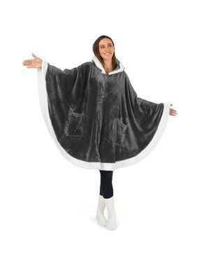 Oversized Wearable Blanket Poncho Women Hooded Fleece Sherpa Throw Shawl Pocket